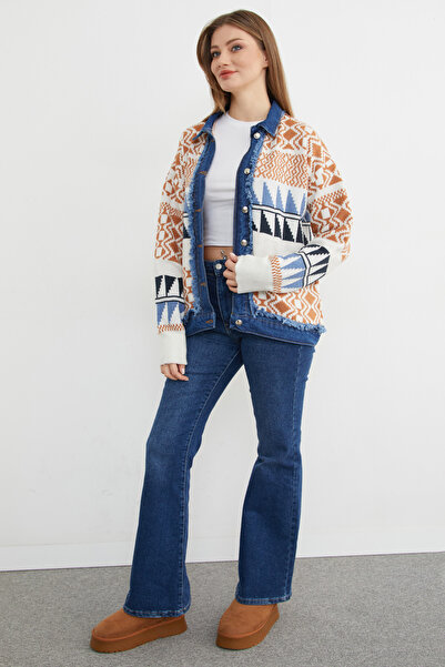 Fulla Moda Ethnic Patterned Denim Detailed Knitwear Jacket