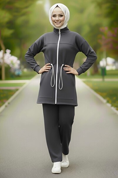 TOFİSA Modal διπλό σετ με λεπτομέρεια από καουτσούκ στη μέση και τσέπη με φερμουάρ - 28044-FUME