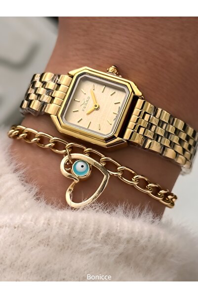 FERRO Vintage Women's Wristwatch, Mini Square Case, Yellow Color Steel Band, Heart Bracelet Gift