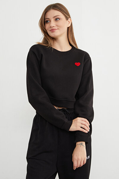 Fulla Moda 3 Thread Heart Embroidered Crop Sweatshirt