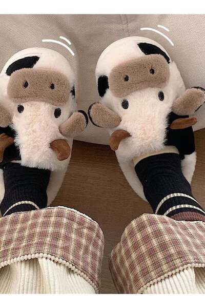 NIBEMINENT Cow Design Cotton Plush Bedroom Slippers - Women's Winter Home Warm