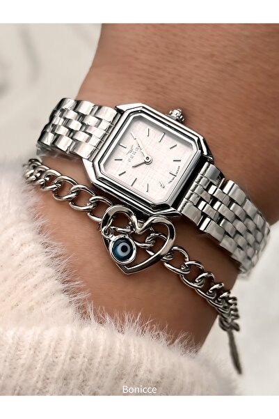 FERRO Vintage Women's Wristwatch, Mini Square Case, Silver Color Steel Band, Heart Bracelet Gift
