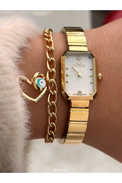 FERRO Women's Wristwatch, Square Case, Stylish Design, Yellow Color Steel Band, Heart Bracelet Gift