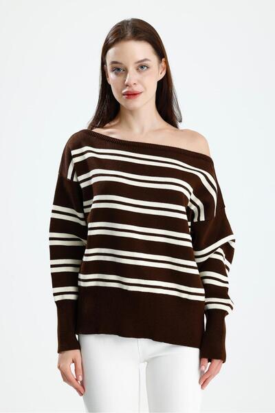 dgs look Women's Asymmetrical Rib Cut Boat Neck Striped Knitwear Sweater Brown