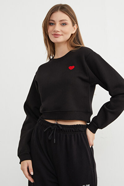Fulla Moda 3 Thread Heart Embroidered Crop Sweatshirt