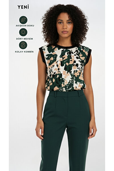 FARREN Kadın Yeşil Desenli Kolsuz Bluz – Tempo Fit | Hafif Akışkan Dokuma | D...