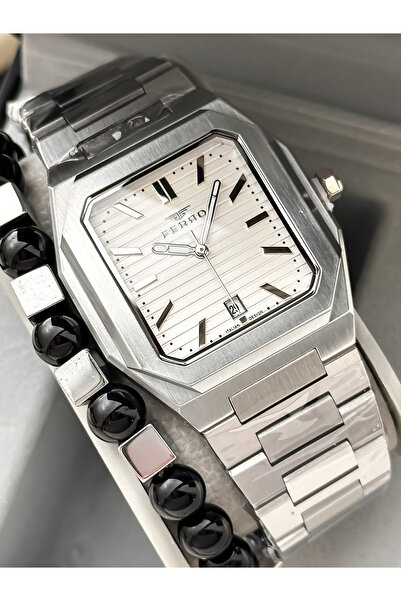 FERRO With Calendar, Men's Wristwatch, Silver Steel Band, White Dial, Stylish Design Bracelet Gift