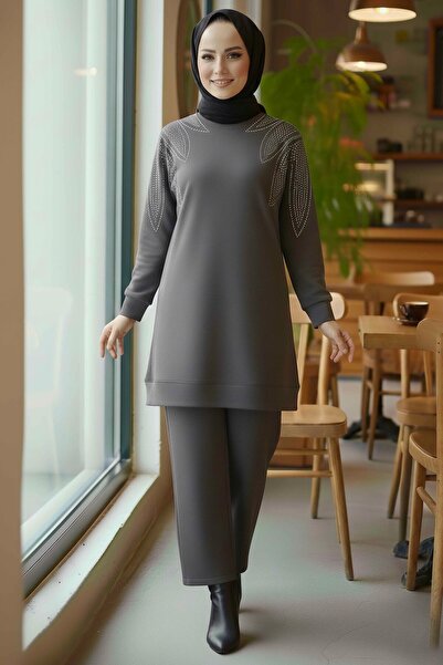 TOFİSA Πέτρινο Λεπτομερές Μοντέρνο Σετ Μπλουζάκι-Παντελόνι Καπνιστό - 28045-FUME