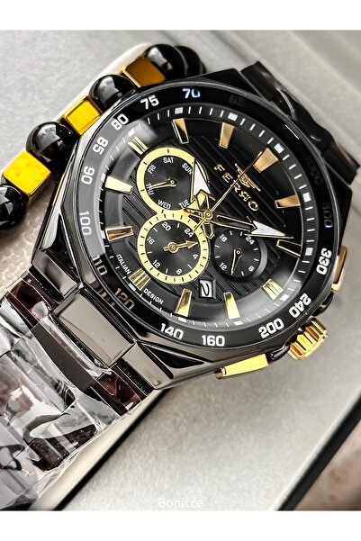 FERRO With Calendar, Men's Wristwatch, Black Steel Band, Yellow Dial, Functions Active, Bracelet Gift
