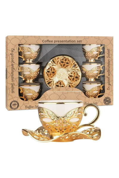 ACAR Luxury Turkish Coffee Set of 6 Cups with Holders and Saucers in Gold – Made in Turkey