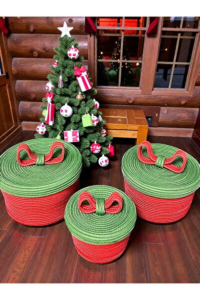 loca sweet home Jüt Halatlı Noel / Yılbaşı Hediye Sepet Seti 3'lü Kırmızı & Y...