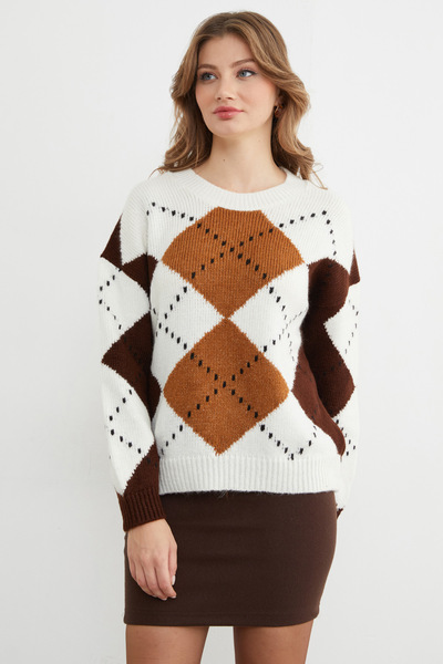 Fulla Moda Diamond Patterned Crew Neck Knitwear Sweater