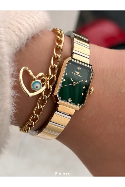 FERRO Women's Wristwatch, Square Case, Stylish Design, Green Yellow Color Steel Band, Heart Bracelet Gift