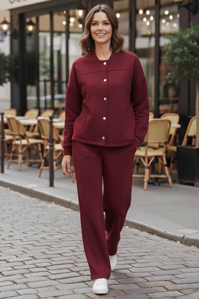 TOFİSA Snap Fastener Modal Double Suit Burgundy - 28061-Bordo