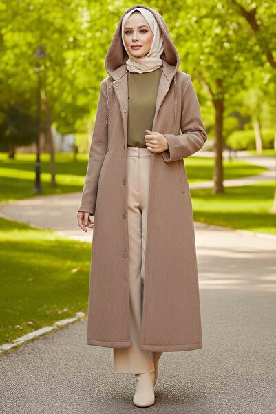 TOFİSA Buttoned Chain Detailed Cashmere Coat Beige - 28040-Bej