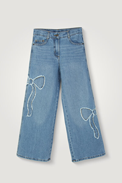 DMB BOYS & GIRLS Ribbon Bow Embroidered Girls' Jeans Soft Textured Wide Leg Loose Leg Jeans