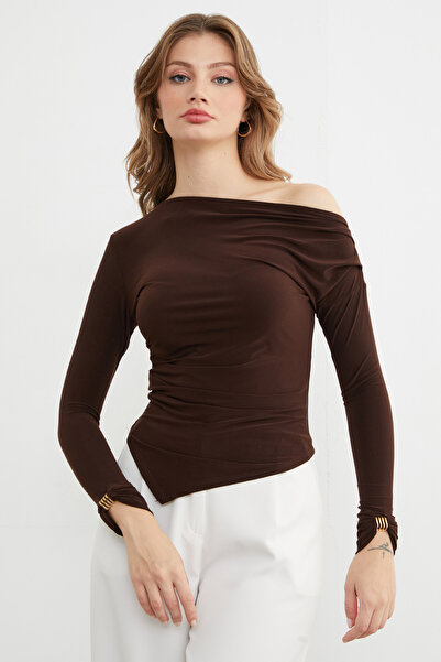 Fulla Moda Μπλούζα με λεπτομέρεια στο μανίκι και λαιμόκοψη καγιάκ ντραπέ