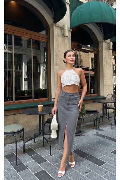 KENE JEANS Women's Front Slit Detail Skirt with Cut-Out Hem Linen Skirt