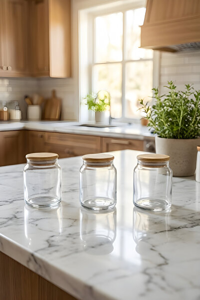 ZURİ DESİGN 3-Piece Glass Storage Container Set 275 Cc - Food Preservation Jar with Vacuum Bamboo Lid