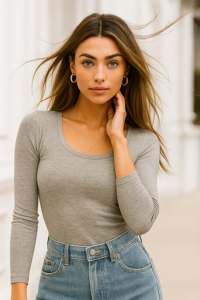 Rich Women's Gray Melange U Neck Flexible Long Sleeve Cotton Blouse