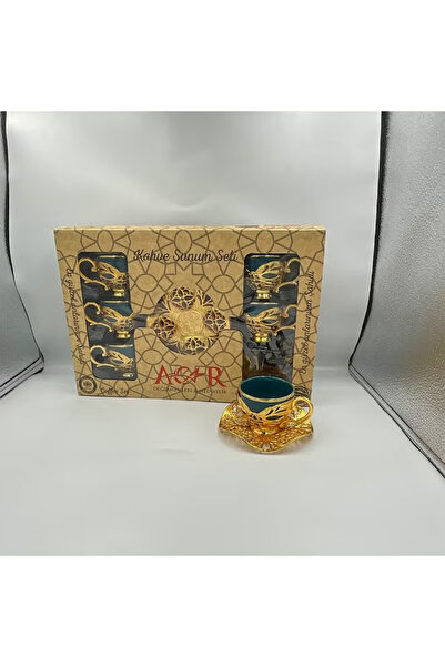 ACAR Luxury Turkish Coffee Set of 6 Cups with Holders and Saucers in Green & Gold – Made in Turkey