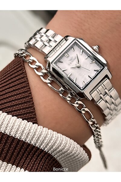 FERRO Vintage Women's Wristwatch, Silver Color Steel Band, Heart Bracelet Gift