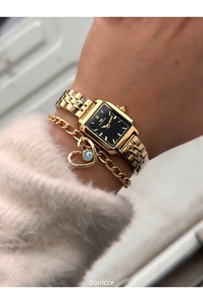 FERRO Vintage Women's Wristwatch, Yellow Color Steel Band, Heart Bracelet Gift