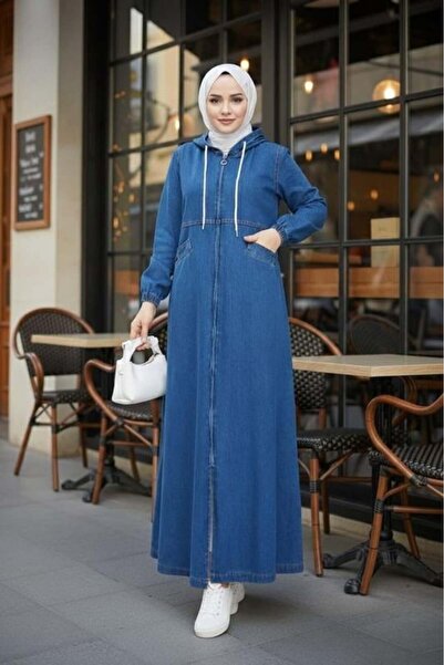 Hb Harma Time Butik Women's Hooded , Dark Denim Blue Cap with Zipper and Pockets