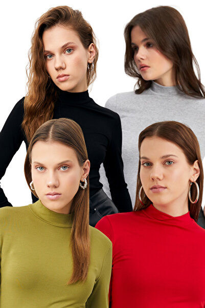 Bipantolon Women's Oil Green Black Light Gray Red 4-Piece Half Turtleneck Basic Bodysuit