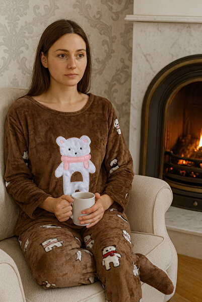 oncepetcom Teddy Bear Plush Warmth Women's Brown Pajama Set