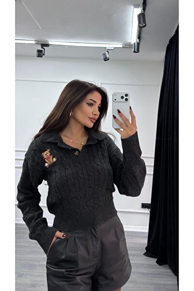 Daves Anthracite Teddy Bear Embroidered Patterned Knitwear Sweater Beige