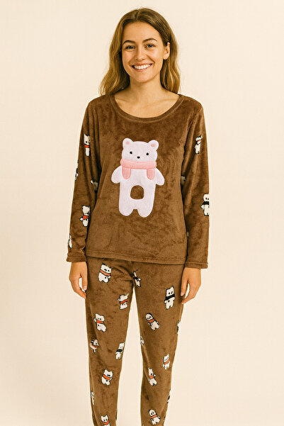 oncepetcom Teddy Bear Plush Warmth Women's Brown Pajama Set
