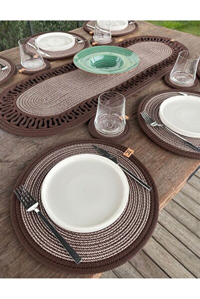 home inn 13-Piece Stain-Resistant Polypropylene Braided Model American Dinner Set – 6 Plates, 6 Coasters, 1 Runner