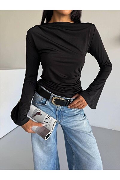Freya Yanları Büzgülü İspanyol Kol Detaylı Siyah Bluz