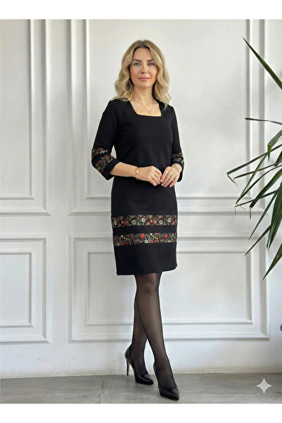 My-o Square Neck Flannel Detail Two Thread Fabric Dress