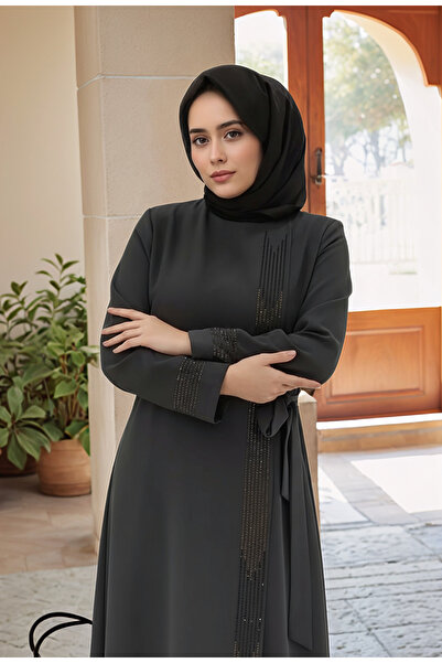 TheJOJODesign Stone Embroidered Belted Special Design Stylish and Comfortable Cotton Fabric Women's Ferace Hijab Dress