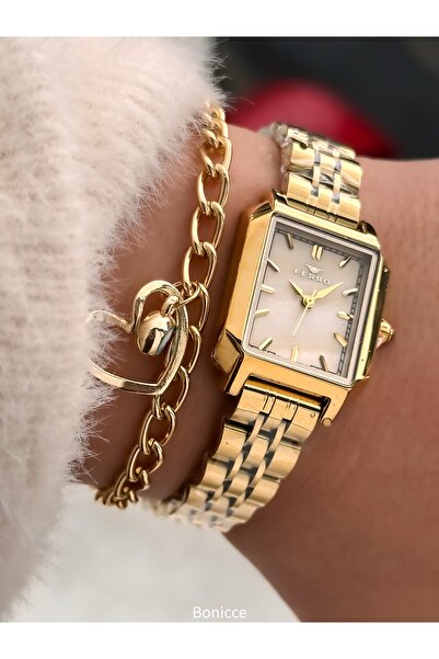 FERRO Vintage Women's Wristwatch, Yellow Color Steel Band, Heart Bracelet Gift