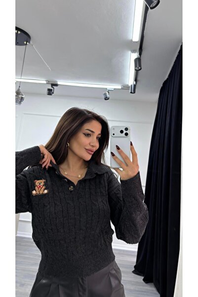 Daves Anthracite Teddy Bear Embroidered Patterned Knitwear Sweater Beige