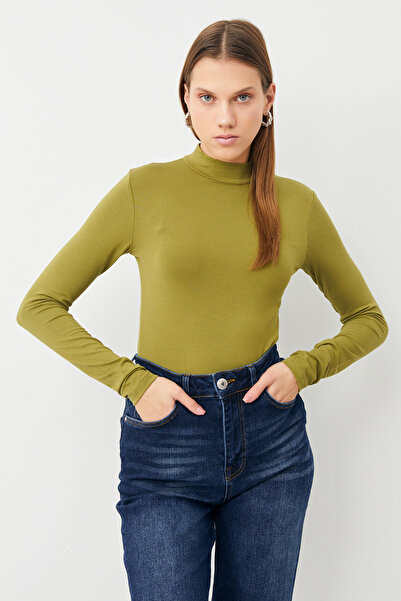 Bipantolon Women's Oil Green Black Light Gray Red 4-Piece Half Turtleneck Basic Bodysuit