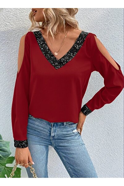 JANES Women's Long Sleeve V-Neck Off-The-Shoulder Sandy Blouse