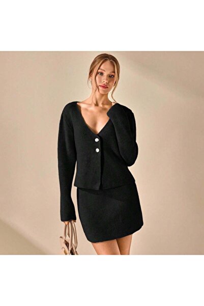 Puella Tkm0006 Women's Black Buttoned Cardigan-Mini Skirt Knitwear Bottom Top Set
