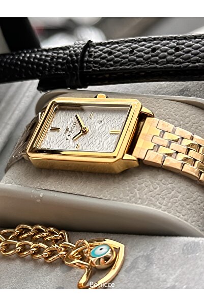 FERRO Vintage Women's Wristwatch, Rectangular Case, Yellow Color Steel-Leather Case Band, Heart Bracelet Gift