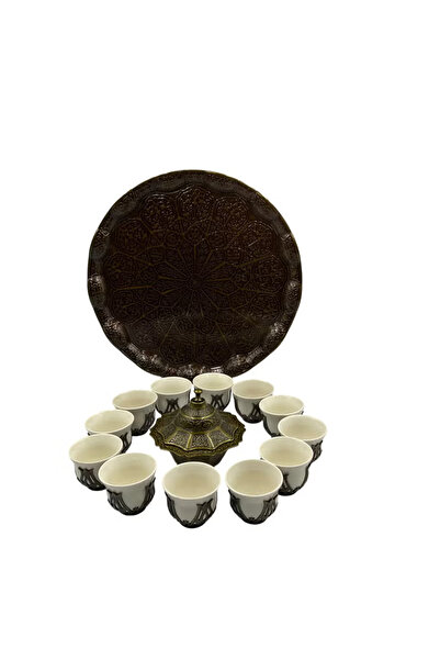 ACAR Luxury Arabian Coffee Set for 12 with Tray and Covered Dates Pot in a Bronze Touch – Made in Turkey