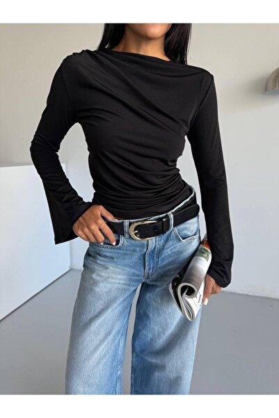 Freya Yanları Büzgülü İspanyol Kol Detaylı Siyah Bluz