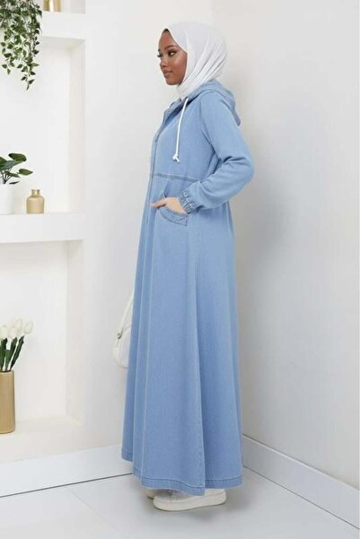 Hb Harma Time Butik Women's Hooded , Light Denim Blue Cap with Zipper and Pockets