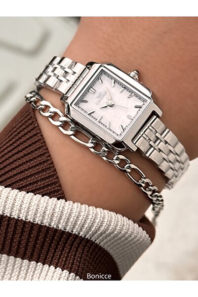 FERRO Vintage Women's Wristwatch, Silver Color Steel Band, Heart Bracelet Gift