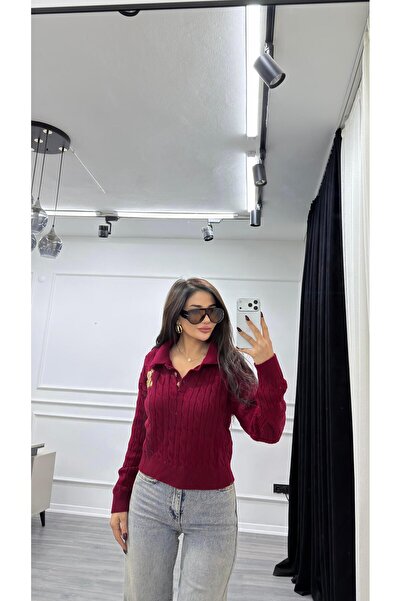 Daves Burgundy Teddy Bear Embroidered Patterned Knitwear Sweater Beige