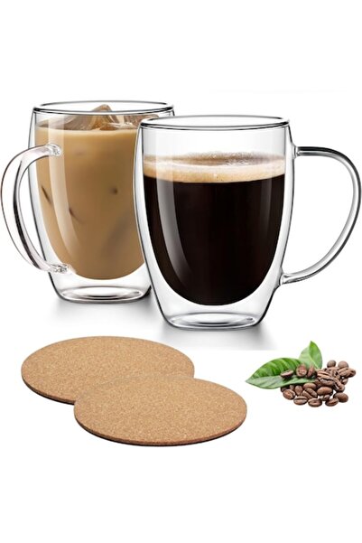 GABOS Set of 2 double-walled 150 ml glass mugs with handle and cork coasters
