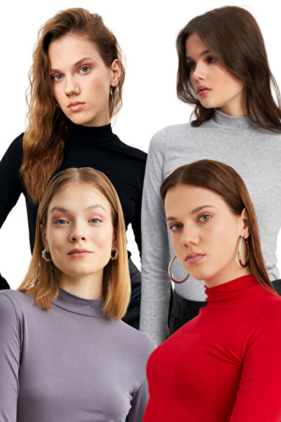 Bipantolon Women's Black Light Gray Red Gray 4-Piece Half Turtleneck Basic Bodysuit