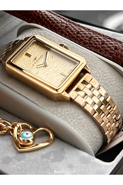 FERRO Vintage Women's Wristwatch, Rectangular Case, Yellow Color Steel-Leather Case Band, Heart Bracelet Gift